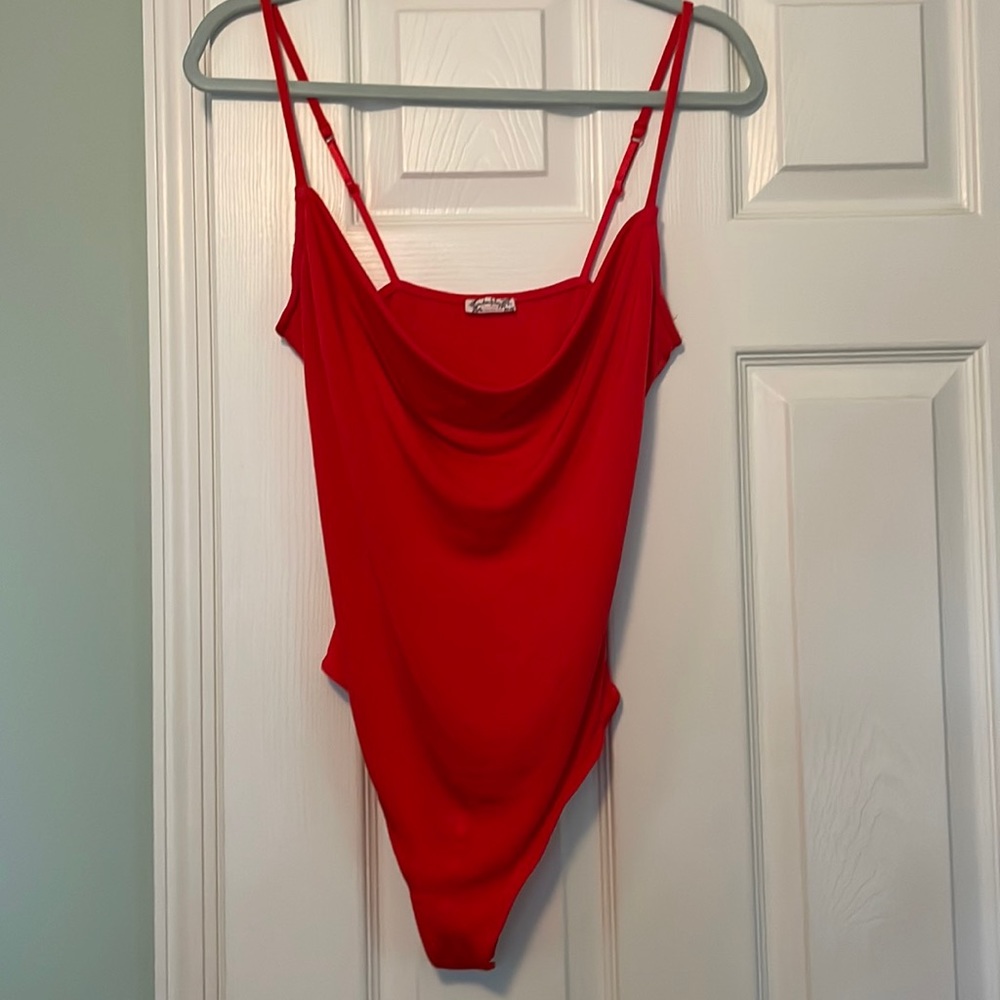 Sexy red cowl neck bodysuit